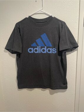 adidas Youth Large Charcoal Gray Blue Performance Logo Graphic Tee Shirt N